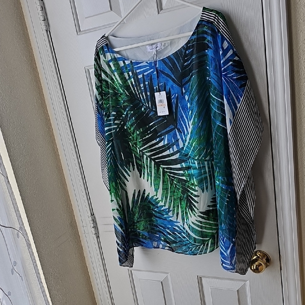 Calvin Klein Blue and Green Boxy Long Sleeve Blouse